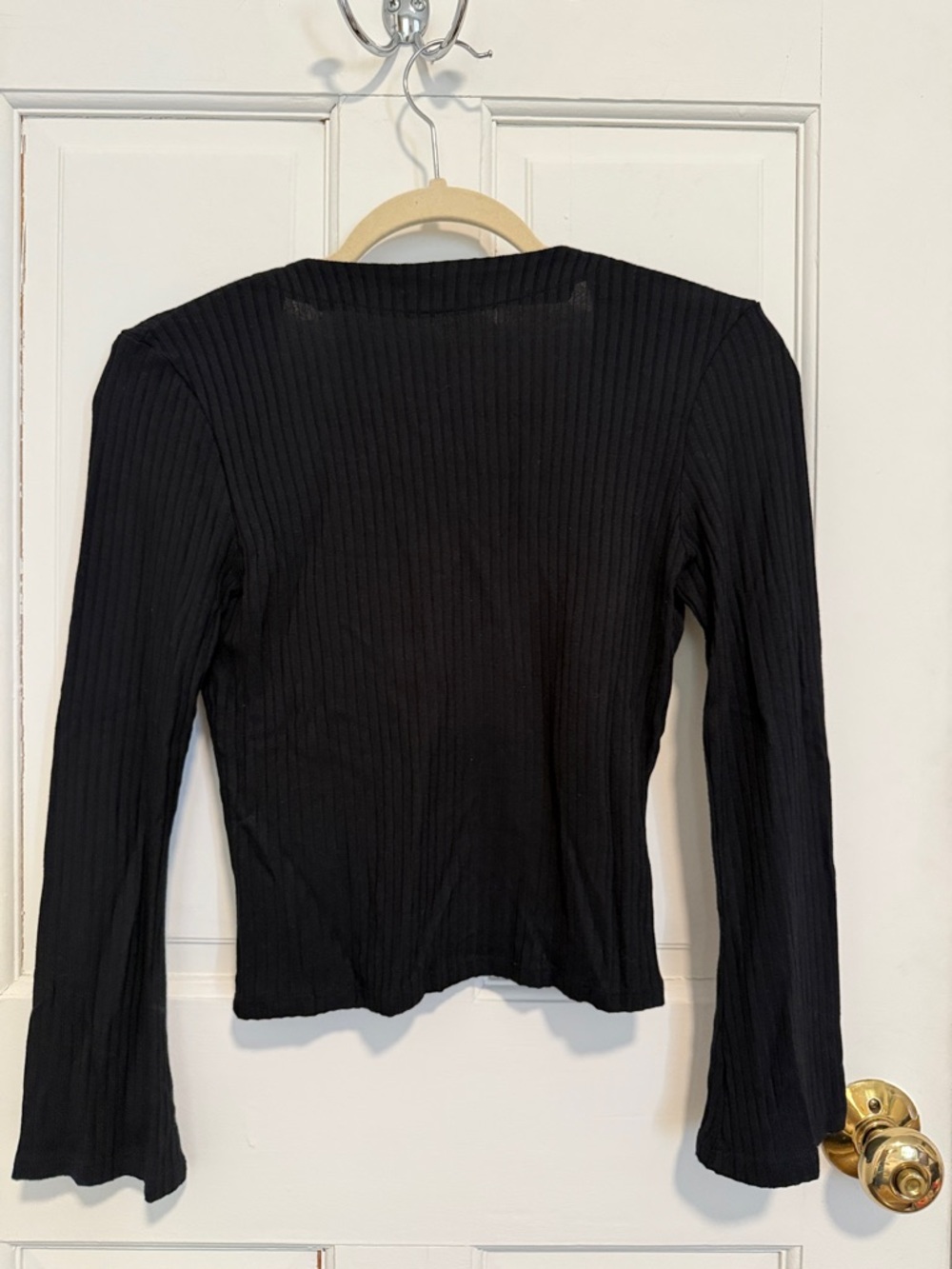 Reformation Black Ribbed Button-Front V-Neck Long Sleeve Top - Picture 6 of 6